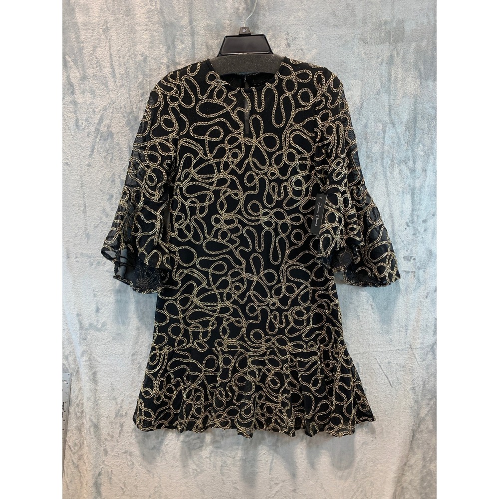 Jessica Howard Black Gold Chain Embroidered Bell Sleeve Ruffle Dress 8P NEW